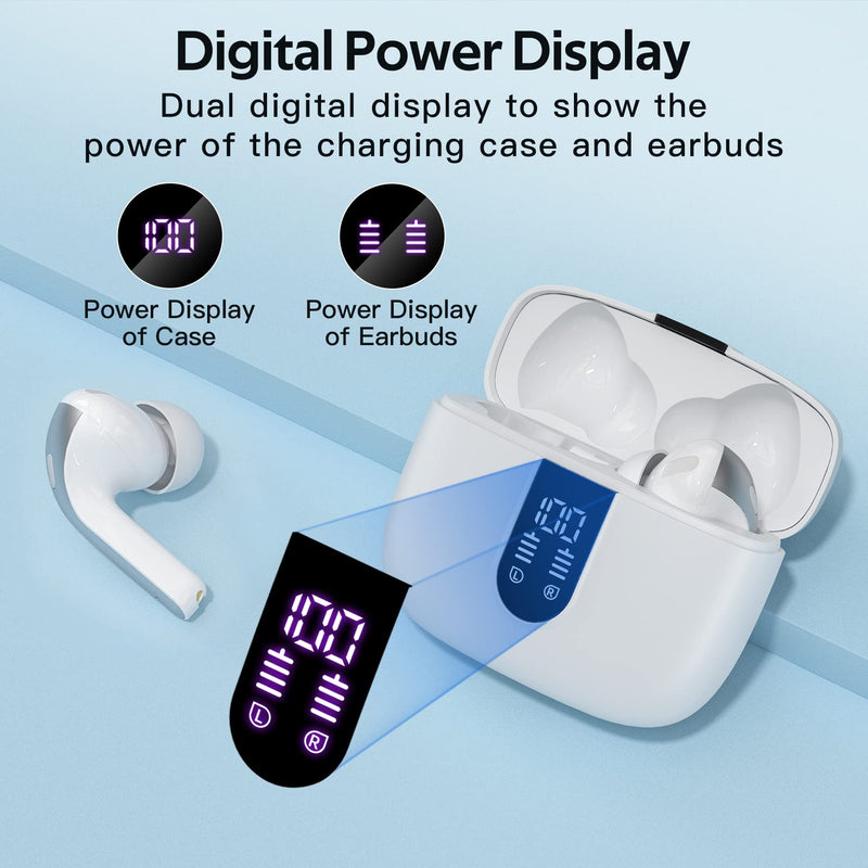 TAGRY Bluetooth Headphones True Wireless Earbuds 60H Playback LED Power Display Earphones with Wireless Charging Case IPX5 Waterproof in-Ear Earbuds with Mic for TV Smart Phone Computer Laptop Sports White