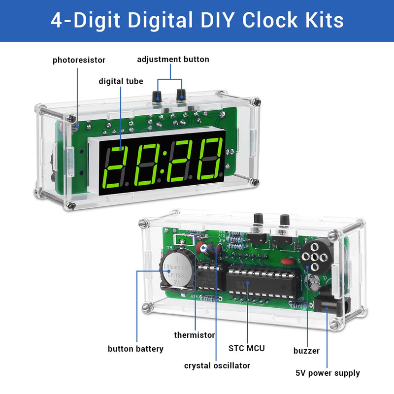 MiOYOOW TJ-56-428 4-Digit Digital DIY Clock Kits with Acrylic Shell, DIY Alarm Clock Soldering Practice Kit for Students and DIYers, DIY Electronics Kit for Learning Electronics 4 Digit Multifunctional Clock Kit