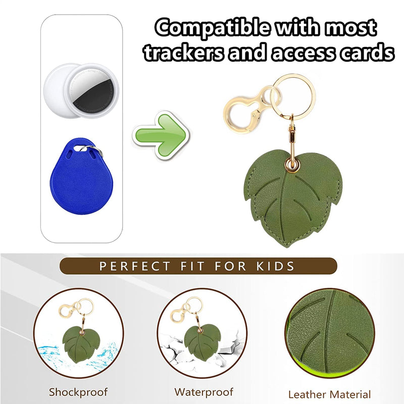 Leather Keychain Holder Case Compatible with Apple AirTag, Cute Protective Air Tag Cover with Keychain Ring, Anti-Scratch Finder GPS Tracker Case for Wallet Keys(Leaf) Leaf