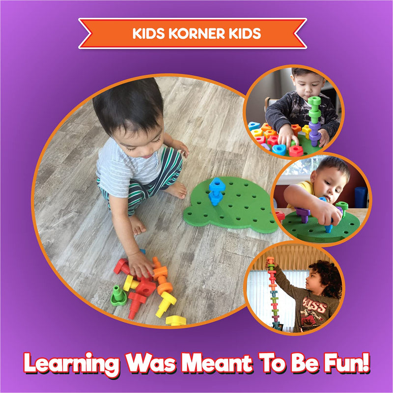 KIDS KORNER Jumbo Shapes Peg Board Toddler Games Set - Educational Baby Toys for Toddlers Stacking Sensory Toys, Peg Math Manipulatives, Toy Storage Backpack & Learning Activities eBook LACING PEGBOARD: 18 Pegs, Board, 3 Laces, Tote