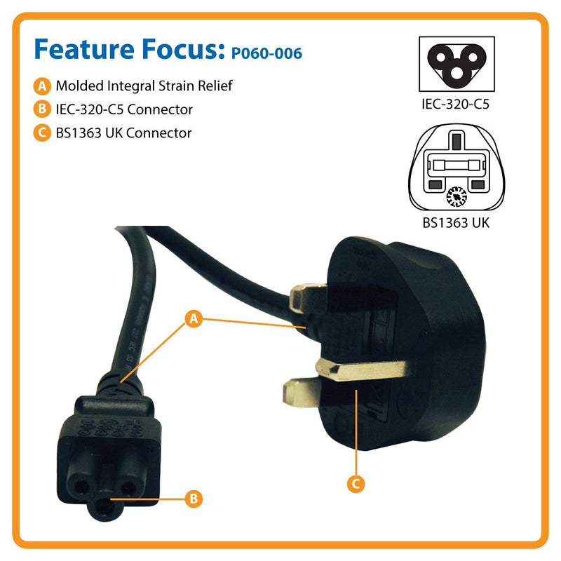 Tripp Lite Standard UK Computer Power Cord (C5 to BS-1363 UK Plug) 6-ft.(P060-006) , Black