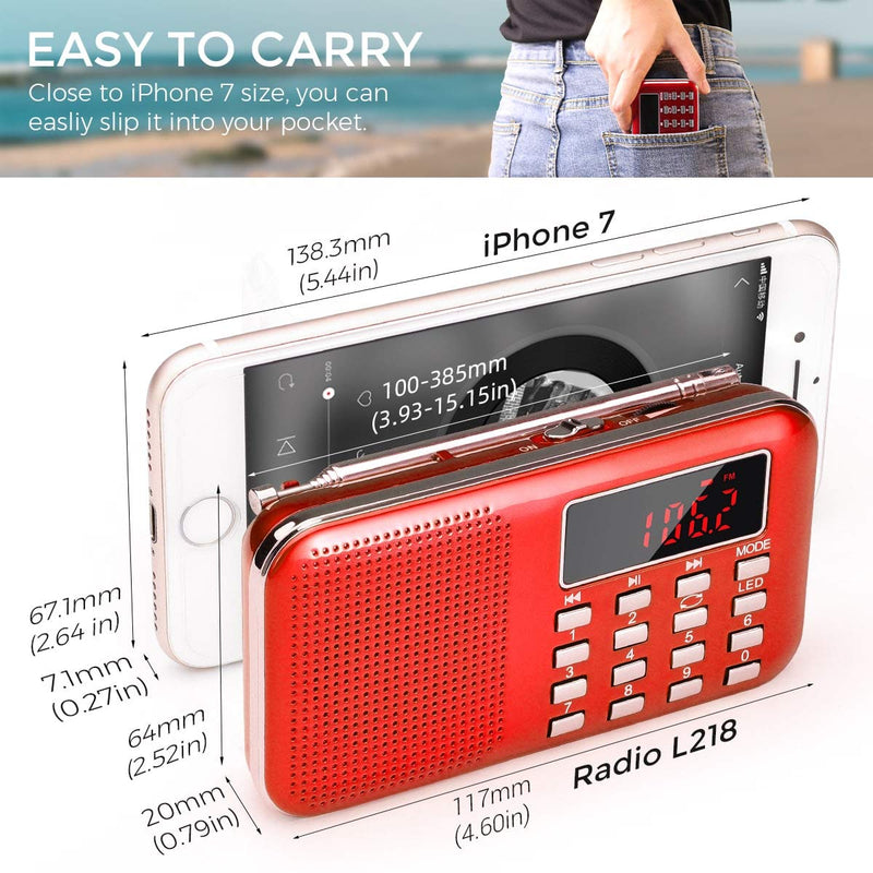 Mini Portable Radio AM FM Pocket Radio with MP3, LED Flashlight, Digital Radio Speaker Support Micro SD/TF Card/USB, Auto Scan Save, 1200mAh Rechargeable Battery Operated, by PRUNUS[Latest Version] Red