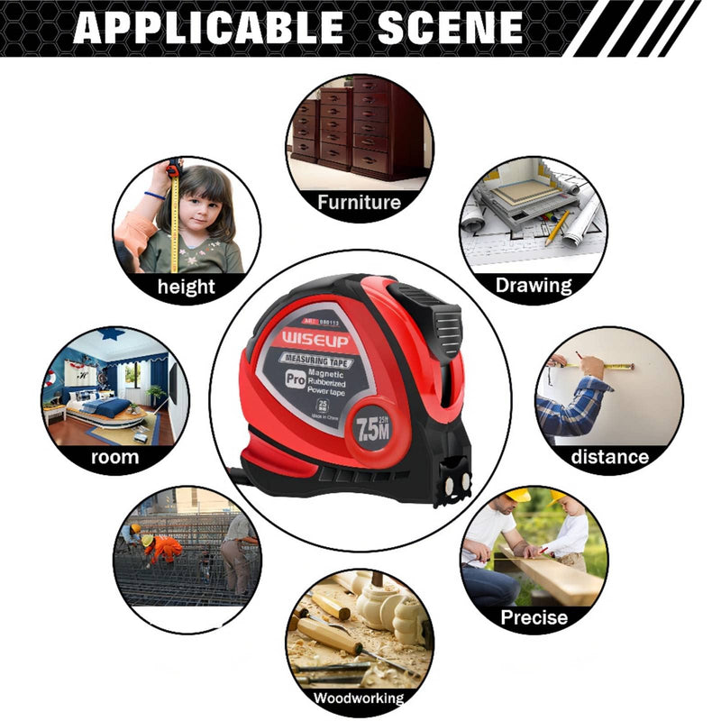 WISEUP tape measure 5m, metric and English standard tape measure, magnetic self-locking tape measure 5m, anti-fall ABS shell, with strap clip, carpenter tool measuring & planning tools
