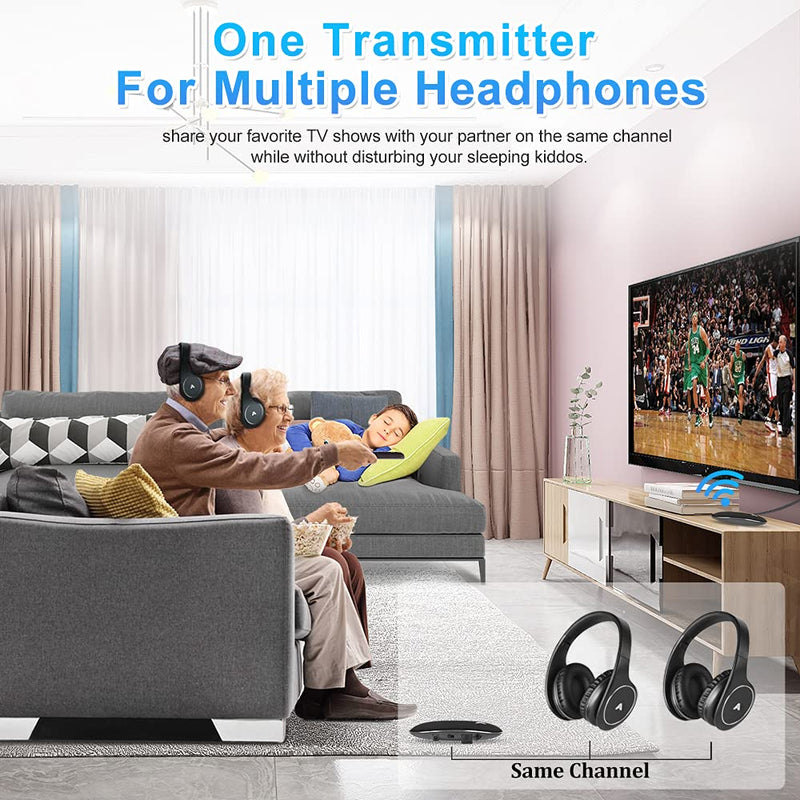 Wireless Headphones for TV Watching, Folding Over Ear Headphones with 2.4GHz RF Transmitter Support Optical RCA AUX, No Audio Delay, 100ft Wireless Range (Black)