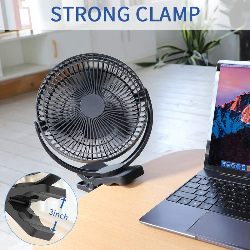 KOONIE 10000mAh Rechargeable Portable Fan, 8-Inch Battery Operated Clip on Fan, USB Fan, 4 Speeds, Strong Airflow, Sturdy Clamp for Office Desk Golf Car Outdoor Travel Camping Tent Gym Treadmill Black