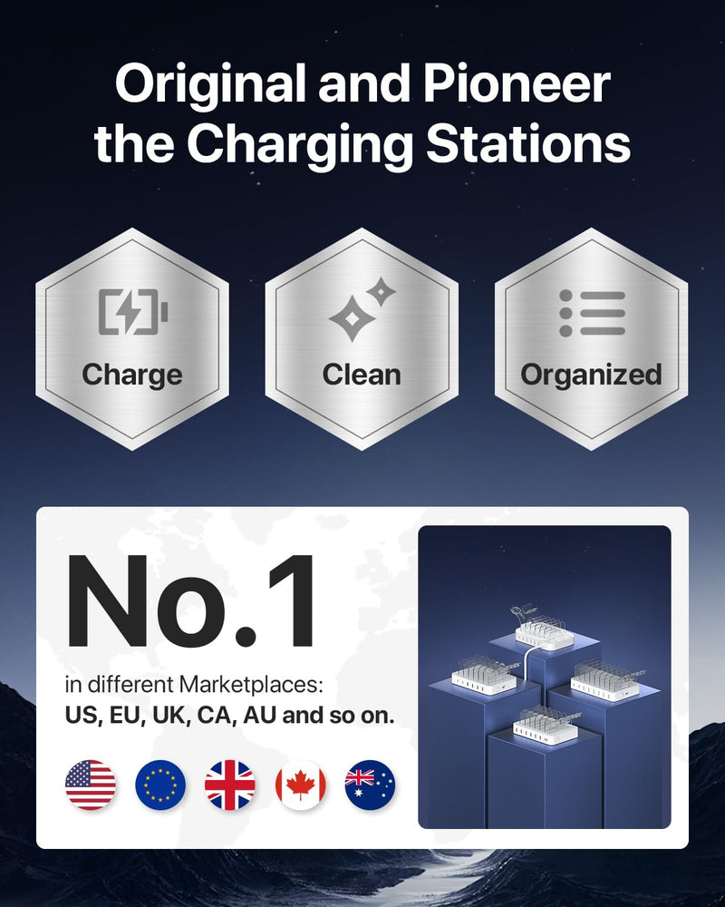 SooPii 8-Port USB-C Charging Station for Multiple Devices, with 1 PD 20W Port Supports Fast Charging, 8pcs Mixed Charging Cables and 1pcs Upgraded Holder for lWatch Charger & Air-Pods, White