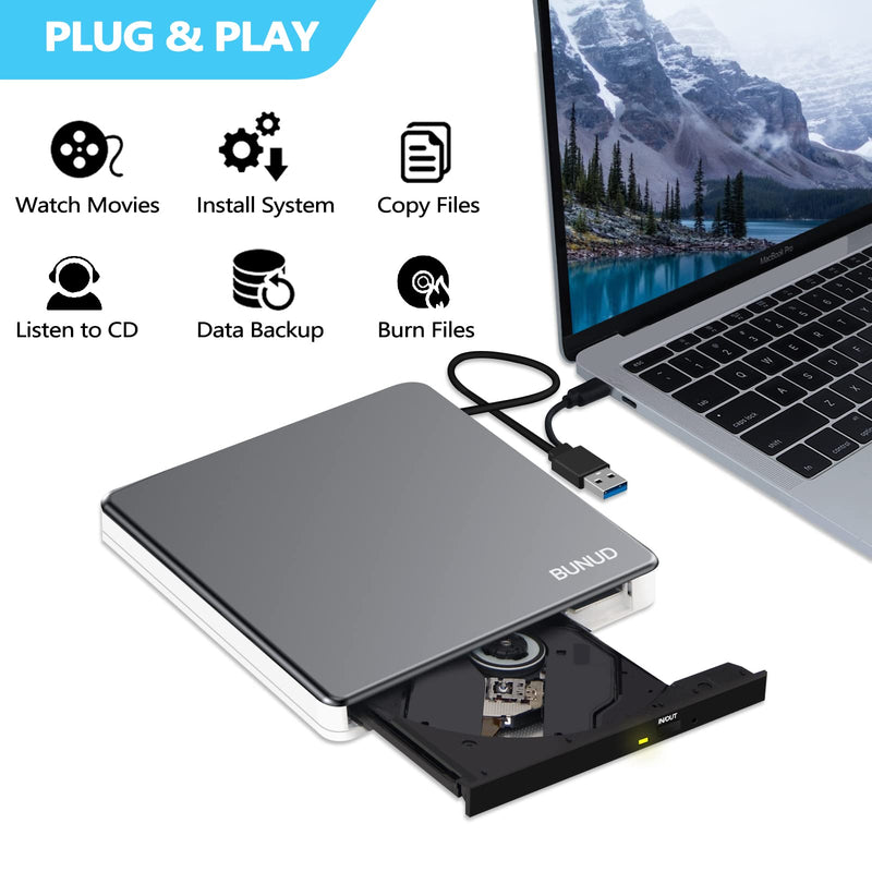 External CD DVD Drive USB 3.0 Type C CD/DVD ROM Burner CD DVD +/-RW Optical Disk Drive Reader with 2 USB and TF/SD Slots Slim Portable Writer Player for Laptop Mac MacBook Windows 11 10 PC Linux OS