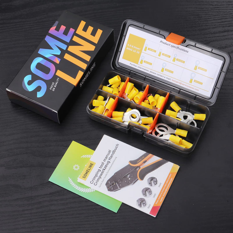 Ring cable lugs 4-6mm² cable lugs set yellow hole Ø M3 M4 M5 M6 M8 M10 M12 crimp connector partially insulated PVC cable connector made of tin-plated copper SOMELINE® ring cable lugs 7 size 38 pieces 4-6mm² ring cable lugs