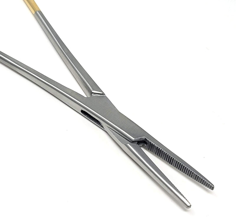 Mosquito Hemostat Locking Forceps 5" Straight with Full Serrated Jaws Ideal for Clamping, Fishing, Firefighters Nurses Doctors + More (Gold Handle) Gold Handle