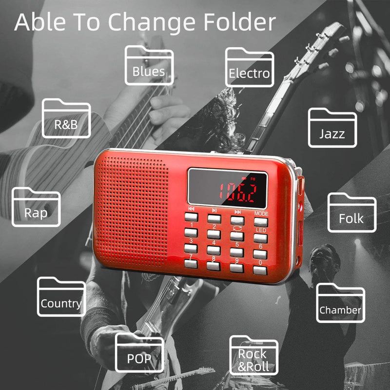 Mini Portable Radio AM FM Pocket Radio with MP3, LED Flashlight, Digital Radio Speaker Support Micro SD/TF Card/USB, Auto Scan Save, 1200mAh Rechargeable Battery Operated, by PRUNUS[Latest Version] Red
