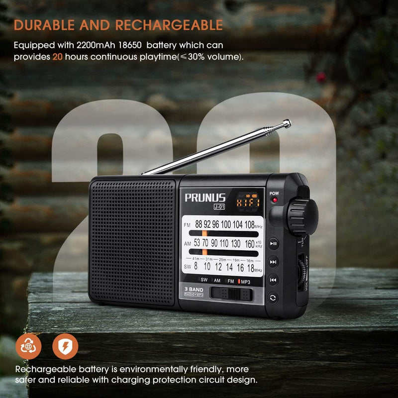PRUNUS J-01 Portable Radio AM FM Shortwave Radios with Best Reception,Transistor Radios Rechargeable Battery Operated Electric Radio Support TF Card MP3 Play & Large Buttons and Large Dials