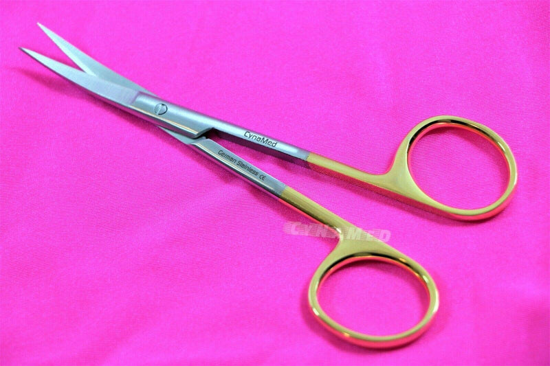 Premium German Iris Supercut Micro Dissecting Scissors Curved 4.5" with Tungsten Carbide Inserts Gold Handle (Curved Blades) CURVED BLADES