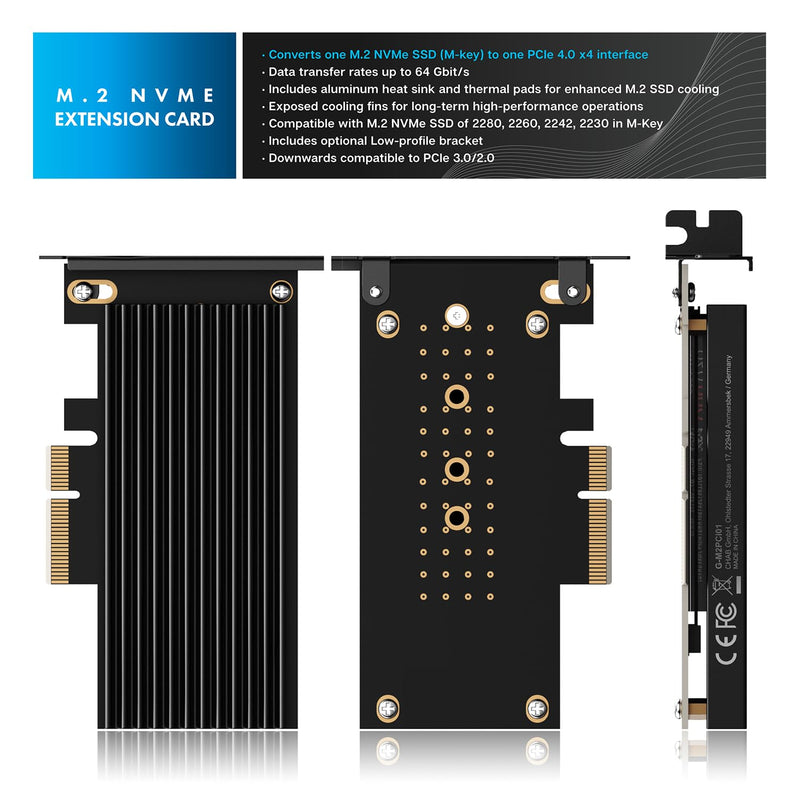 GRAYEAR | M.2 PCIe 4.0 card | for M.2 NVMe SSD | M key | 4X silicone thermal pads | Large aluminum heatsink | 2280, 2260, 2242, 2230 | High + low profile slot bracket | G-M2PCI01