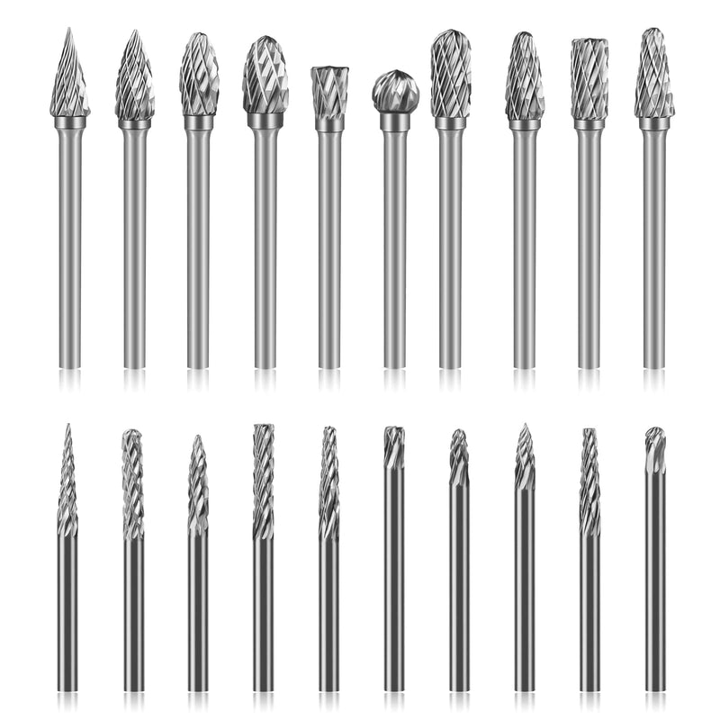 HOMEIDOL Carbide Double Cut Carving Bits Compatible with Dremel, 20 Pcs Rotary Burr Set with 1/8” Shank Cutting Burrs Tool for Die Grinder Drill, Engraving, Metal Carving, Drilling, Polishing 3mm+6mm burr head