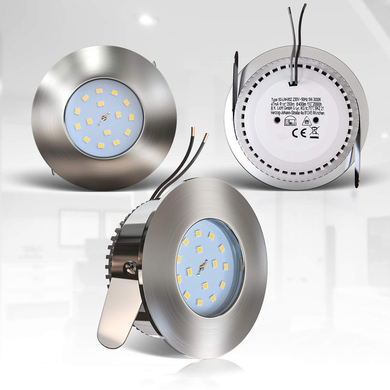 BKLicht - Set of 6 LED bathroom recessed spotlights 230V flat, warm white light color, hole size 60mm, LED spot, ceiling spots, LED spots, recessed lights, recessed spots LED, bathroom, 75x30 mm, matt nickel silver