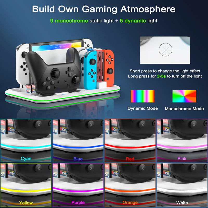 RGB Switch Controller Charger for Nintendo Switch & OLED Model with Led Light, Joycon Charger with Switch Pro Controller Charger, Switch Charging Station Dock Organizer with 8 Game Slots & USB Cables