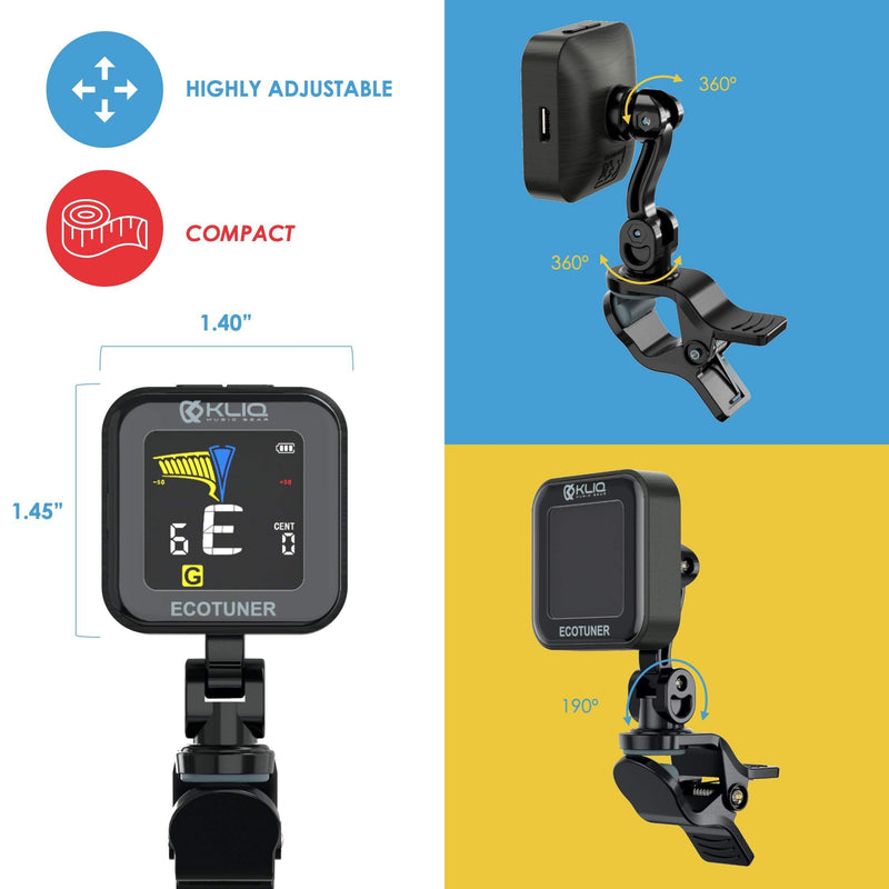 KLIQ EcoTuner - USB Rechargeable Clip-On Tuner (with included charging cable) - with Guitar, Ukulele, Violin, Bass & Chromatic Tuning Modes (also for Mandolin and Banjo)
