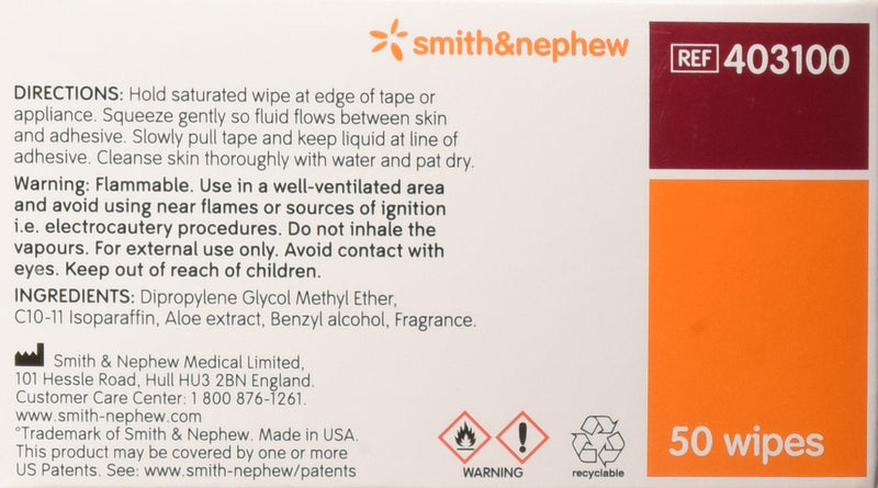 Smith and Nephew Remove Adhesive Remover Wipes 403100, 50-count White