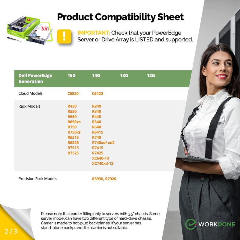 WORKDONE 2-Pack 3.5 inch Drive Caddy - Compatible for PowerEdge - 14th Gen R340 R440 R540 R640 R740 R740xd2 R6415 R7415 R7425 XC640-10 XC740xd-12 R650xs R750xs - Hot Swap Tray - with Setup Manual
