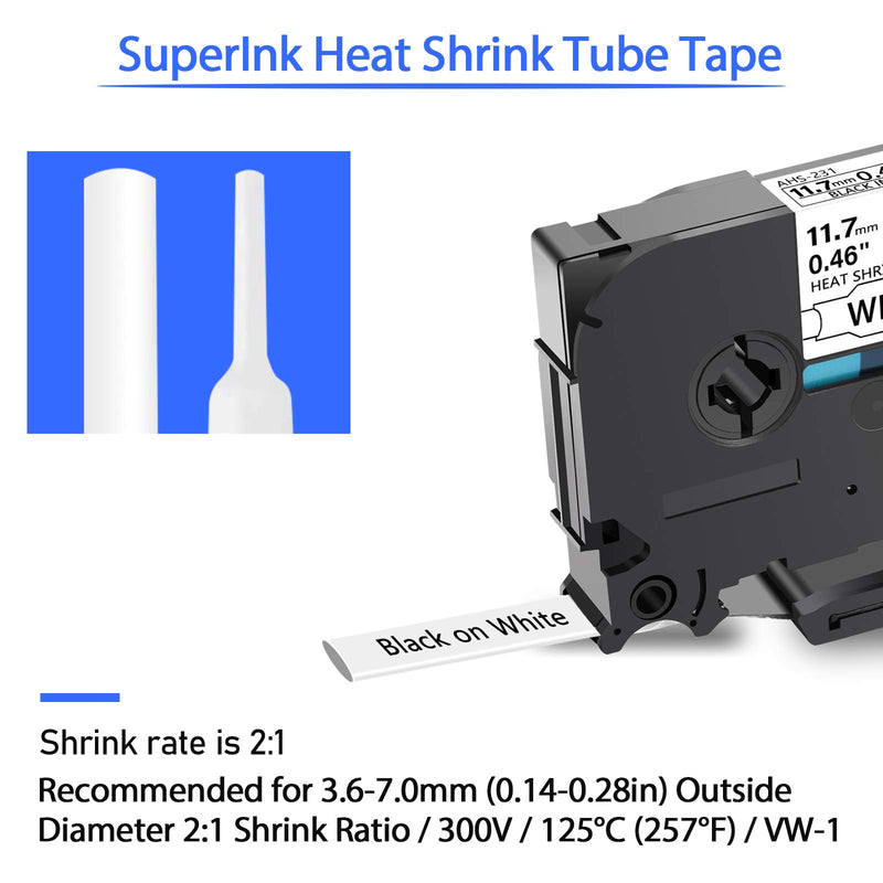 SuperInk 2 Pack Compatible for Brother HSe-231 HSe231 HS-231 HS231 Black on White Heat Shrink Tube Label Tape use in PT-D210 PT-D400 PT-E300 PT-E500 PT-P750WVP Printer (0.46''x 4.92ft,11.7mm x 1.5m)