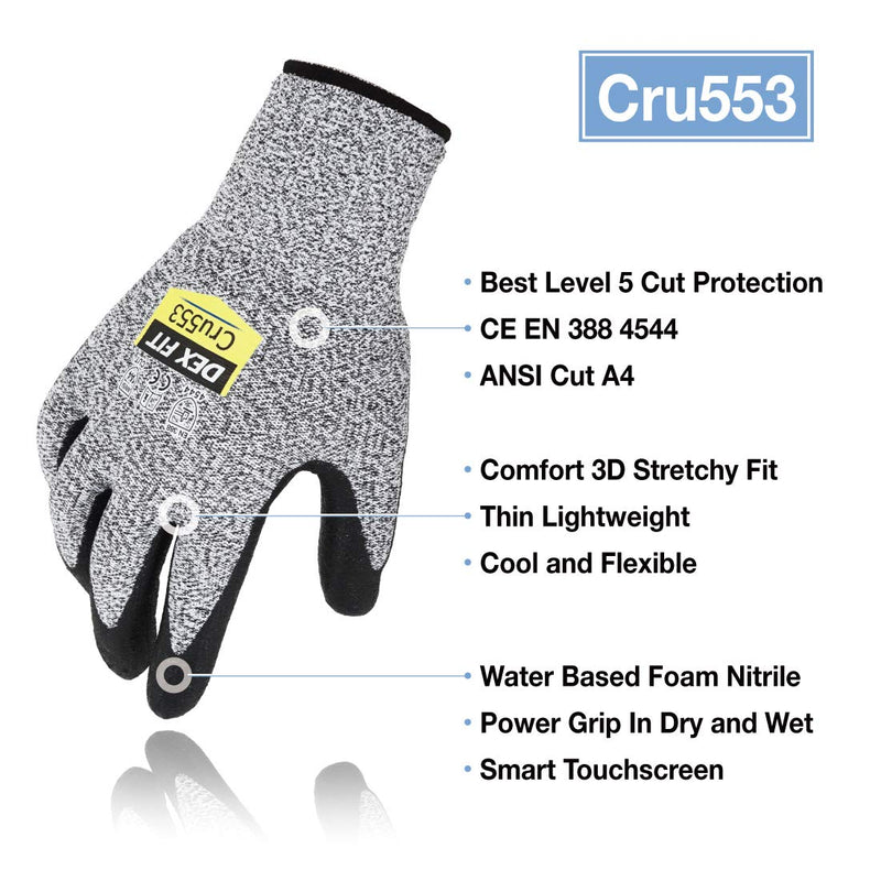 DEX FIT High-Duty Cut Resistant Gloves Cru553 with Level 5 Cut Protection; 3D-Comfort Fit Around Hands; Power Grip for Work; Touchscreen Capable; Perfect for Machine Washable, Grey 7 (S) 1 Pair Small (1 Pair) Cut 5 Cru553 Grey