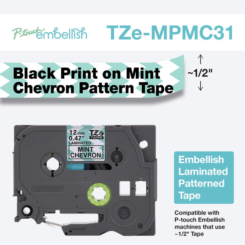 Brother P-touch Embellish Black Print on Mint Chevron Pattern Tape TZEMPMC31 – ~½” Wide x 13.1’ Long for use with P-touch Embellish Ribbon & Tape Printer Black on Mint Chevron