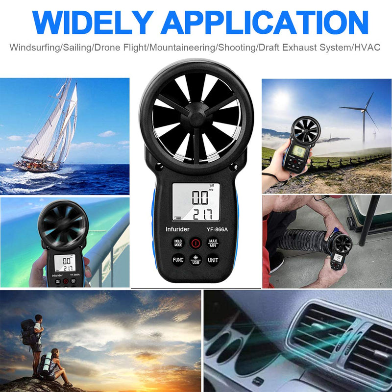 Anemometer, INFURIDER YF-866A Handheld Anemometer Digital Wind Speed Meter Gauge Wind Speed Temperature Humidity Measurement with USB Sync to PC for HVAC CFM Air Flow Velocity 4.866A (CFM anemometer)