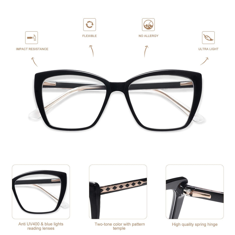 AMOMOMA Trendy TR90 Oversized Blue Light Reading Glasses Women,Stylish Square Cat Eye Glasses AM6031 0c1.black 0.0 x