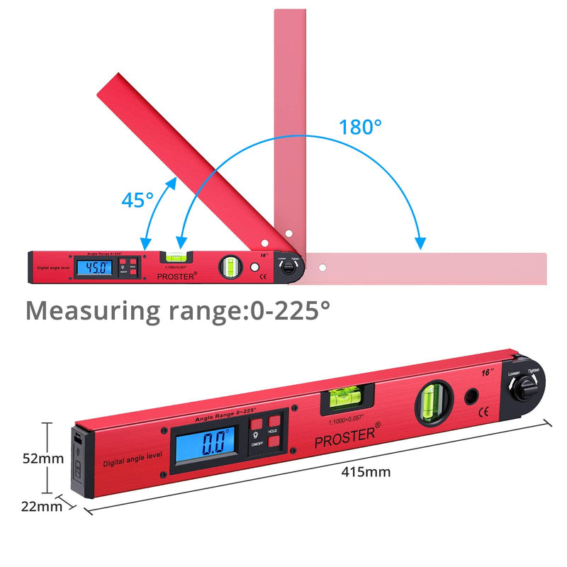 Proster Digital Protractor 0-225 ° Digital Protractor with Spirit Level and LCD Illumination 400 mm / 16 Inch Angle Measuring Device with Battery and Bag for Roofing Technology - Red Red
