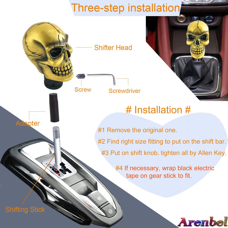 Arenbel Car Gear Lever Grip Knobs Skull Head Racing Shift Stick Manual Shifter Handle Fit Most Auto Manual Vehicles, Gold