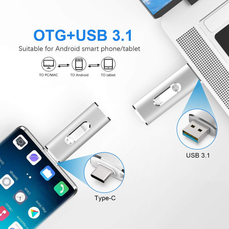 VANSUNY USB C Flash Drive, 128GB USB 3.1 Flash Drive 350Mb/s Dual Drive USB Type C Thumb Drive 128G USB C Drive Super Speed Solid State USB Drive (128G,Silver) 1) Silver * 128G