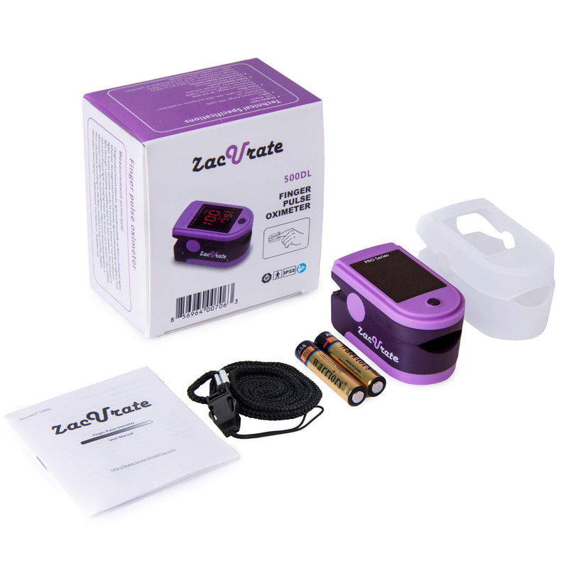 Zacurate Pro Series 500DL Fingertip Pulse Oximeter Blood Oxygen Saturation Monitor with Silicon Cover, Batteries and Lanyard (Mystic Purple)