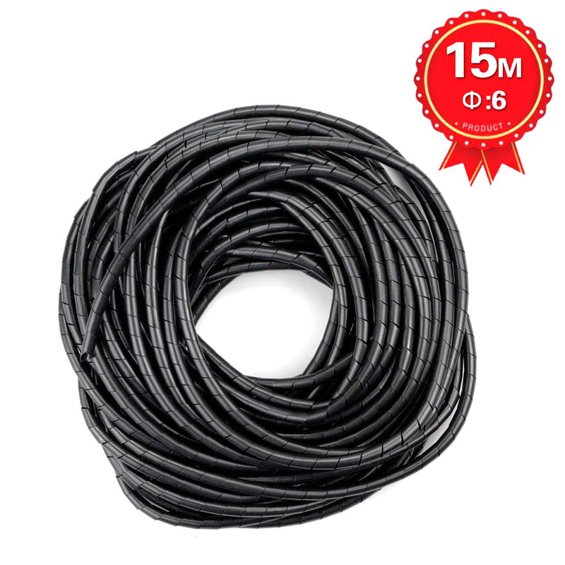 50Ft XHF 1/4" Spiral Cable Wrap 6mm(Wrapping Range:4mm-50mm) Spiral Wire Wrap Cord for Computer Electrical Wire Organizer Sleeve Hose RoHS Black Dia 6MM-Length 15M