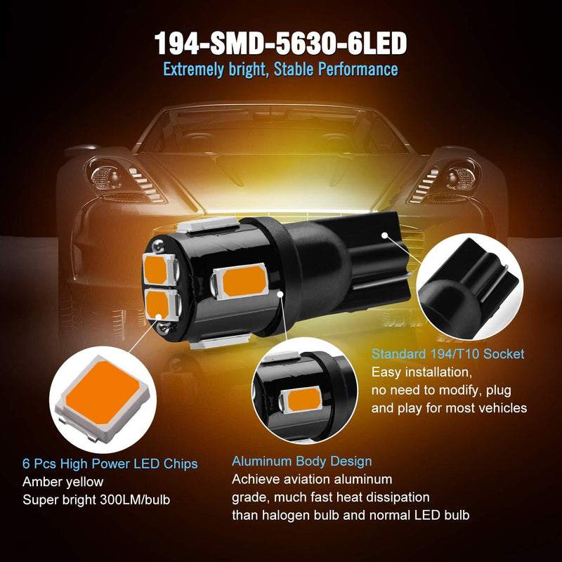 BRISHINE 194 LED Bulbs Extremely Bright Amber Yellow 5630 Chipsets 168 2825 175 T10 W5W LED Replacement Bulbs for Car Interior Map Dome Door Courtesy License Plate Lights(Pack of 10)