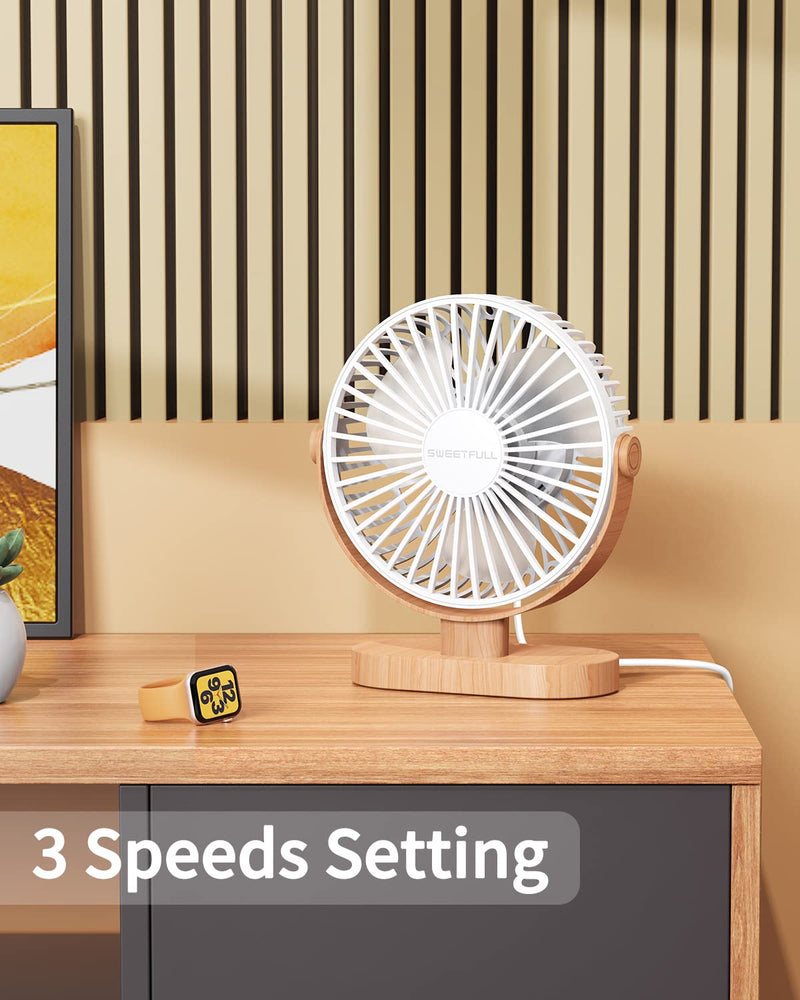 SWEETFULL 6.4 Inch USB Small Desk Fan, 3 Speeds Quiet Portable Desktop Table Fan, 360Â° Adjustment Personal Mini Fan for Home Office Car Outdoor Travel (White wood grain )