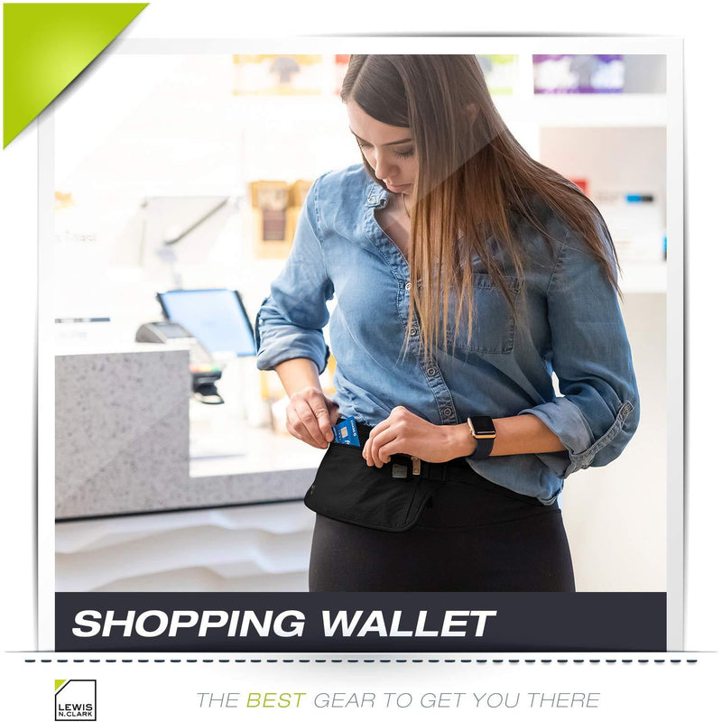 Lewis N. Clark RFID Blocking Money Belt Travel Pouch Waist Stash + Credit Card, Id, Passport Holder for Women & Men, Black, One Size