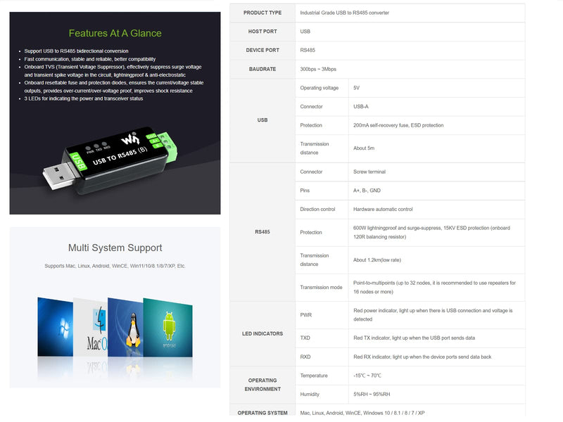 Waveshare Industrial USB to RS485 Converter with original CH343G and SP485EEN 300bps ~ 3Mbps Baudrate Built-In Lightningproof Tube,Resettable Fuse, ESD and TVS Protection Circuits