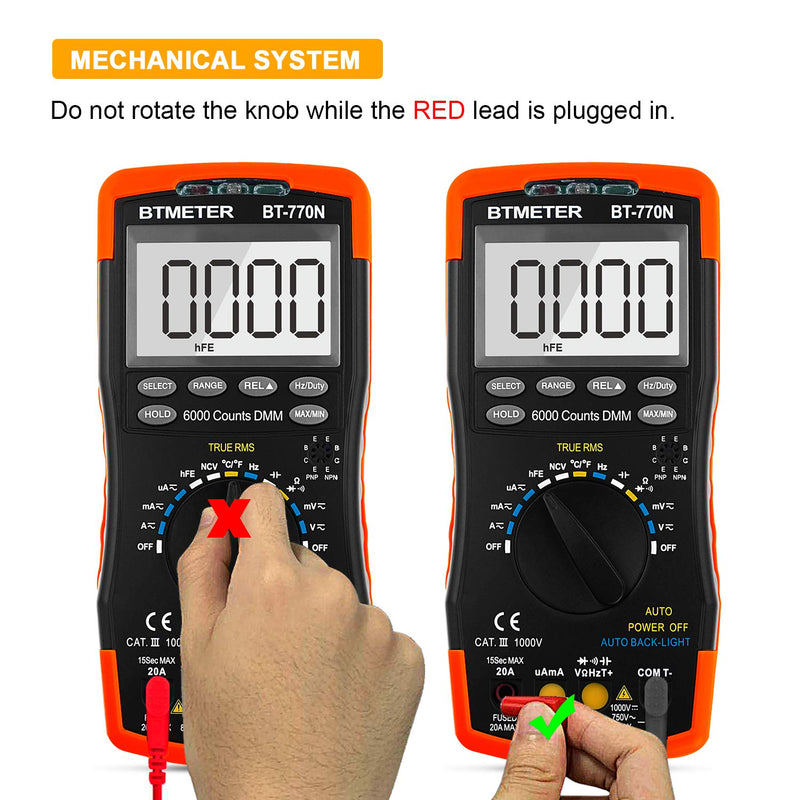 BTMETER BT-770N TRMS Auto Manual Ranging Multimeters, 6000 Counts Digital Multimeter AC DC Amp Ohm Volt Meter hFE LED Capacitor Tester to 99.99mF with Thermometer Backlit