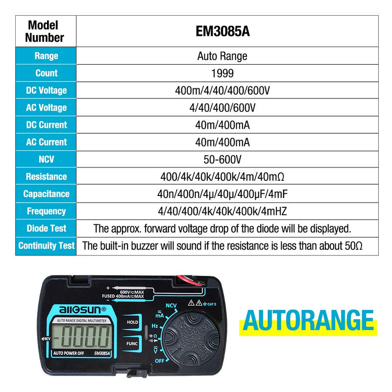 allsun em3085a 3 3/4 Digits Auto Ranging Pocket Digital Multimeter Mini Electrical Mete AC/DC Ohm Volt Amp Capacitance Frequency Diode Continuity LCD Home Measuring Tool Autoranging