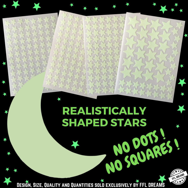 FFL DREAMS Glow in The Dark Stars and Moon, Realistic No Dots No Squares Set. 338 Star Shaped Stickers and Moon, Luminous Adhesives for Room, Wall, Bedroom, Light up Your Ceiling and Living Room