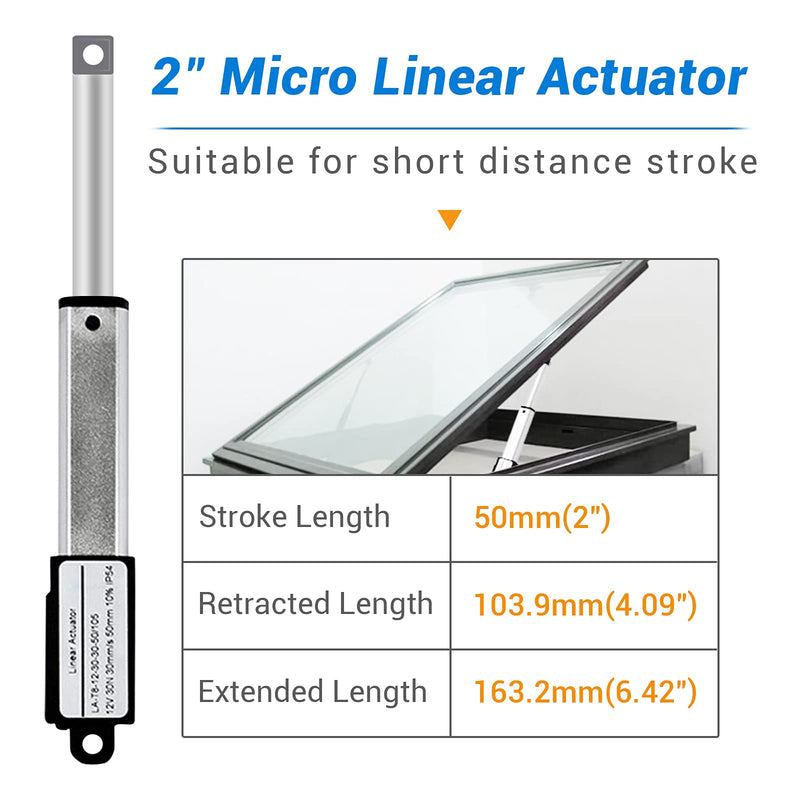 Electric Micro Linear Actuator 12V - 2" Stroke, 64N/14.4lb, Speed 0.6inch/s Mini Waterproof Motion Actuator Small 12 V DC, w/Mounting Brackets, for Sofa Massage Recliner TV Table Cabinet Window Lift 2" Stroke Linear Actuator without Rocker Switches