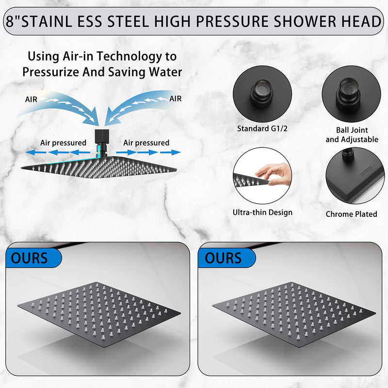 GGStudy 8 inch Square Rain Shower head Stainless Steel Shower head High Pressure Shower Head Ultra Thin Rainfall Bath Shower Self-cleaning Silicon Nozzle Black Shower Head 8inch