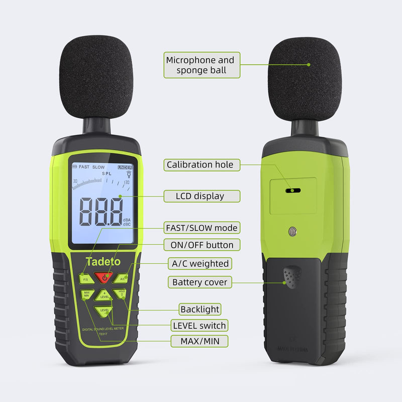 Decibel Meter, Tadeto Sound Level Meter Portable db Meter 30dB to 130dB (5 Measuring Ranges) Backlight LCD Display, MAX/MIN, Audible and Visual Alarms, Data Hold, A/C Weighted Verde