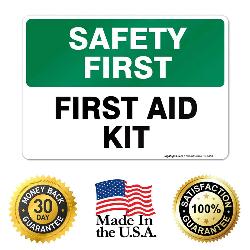 (2 Pack) First Aid Kit Sign, Safety First, 10x7 4 Mil Vinyl Self Adhesive Decal Stickers, Long Lasting, Weatherproof and UV Protected, Made in USA by Sigo Signs Vinyl Sticker