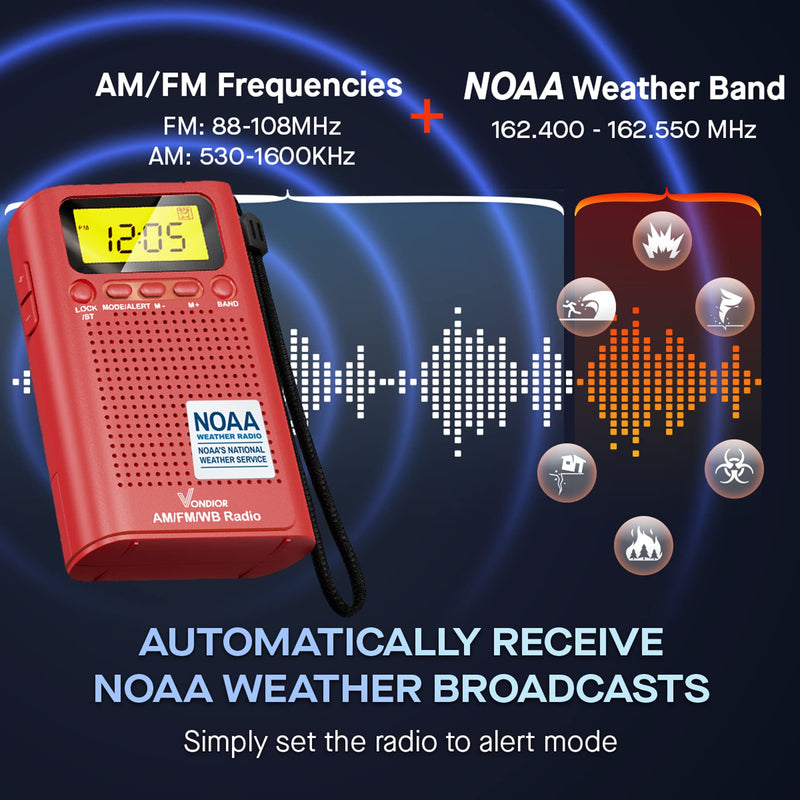 NOAA Weather Radio - Emergency Digital Radio WB/AM/FM - Alert Mode - Portable Radio with Best Reception and Longest Lasting Transistor. Powered by 2 AAA Battery with Mono Headphone Socket, by Vondior 0