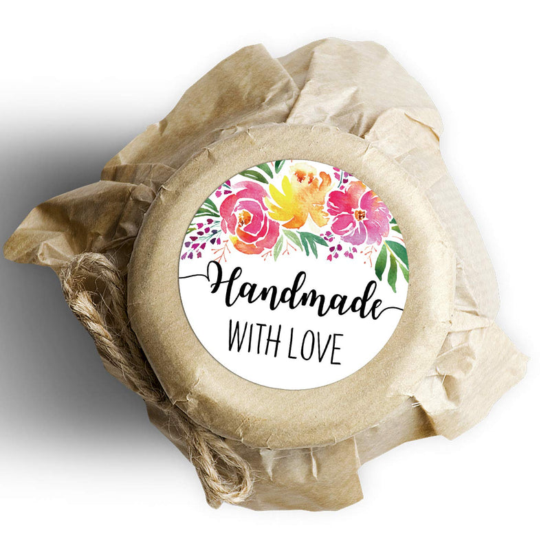 Floral Handmade with Love Stickers, 1.4 Inches Round Total 500 Adhesive Labels Per Roll, Handmade Packaging, Homemade with Love Stickers, Baked with Love Stickers.