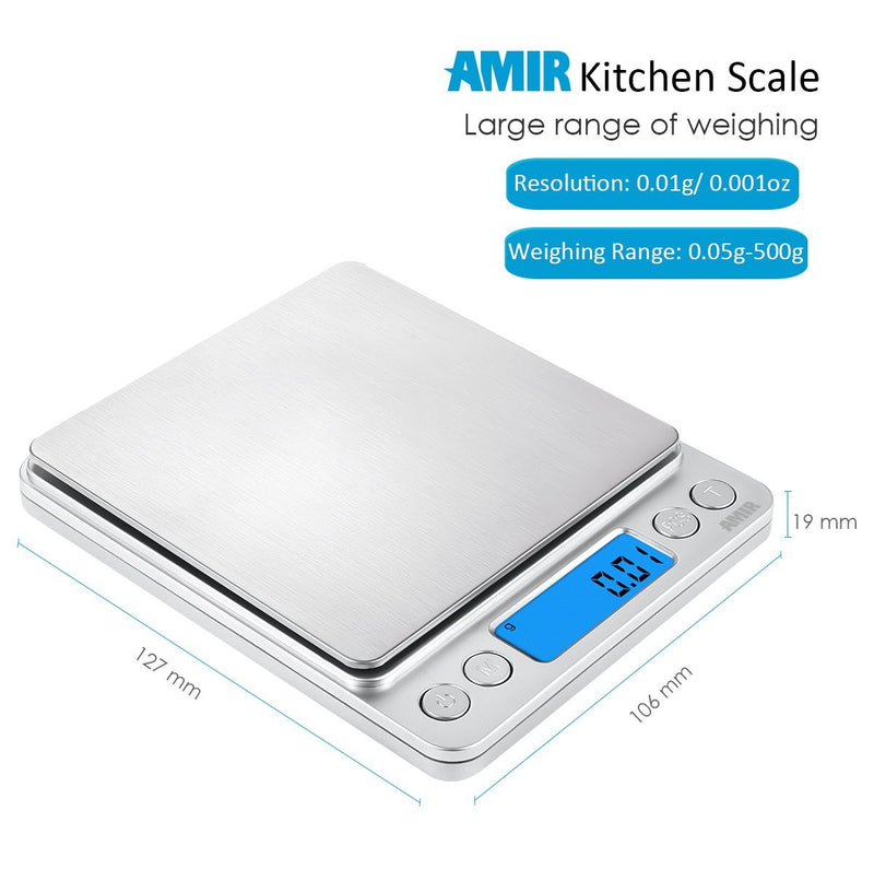 (Upgraded) AMIR Digital Kitchen Scale, 500g Mini Pocket Jewelry Scale, Cooking Food Scale, Back-Lit LCD Display, 2 Trays, 6 Units, Auto Off, Tare, PCS, Stainless Steel, Batteries Included sliver