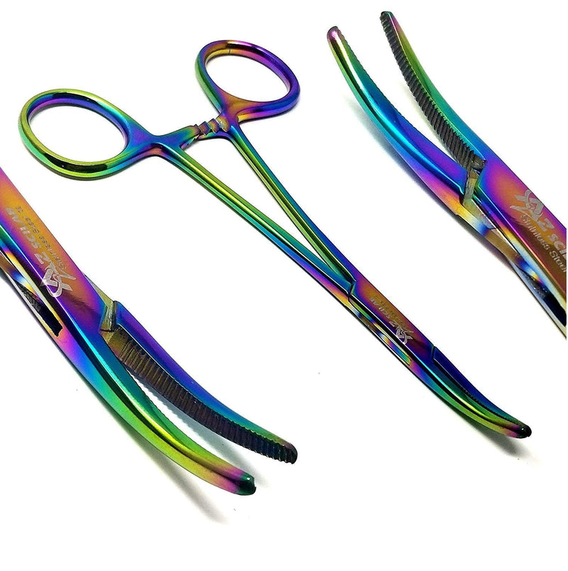 Hemostat Locking Forceps 5" Curved with Full Serrated Jaws Ideal for Clamping, Fishing, Firefighters Nurses Doctors + More (Rainbow) Rainbow