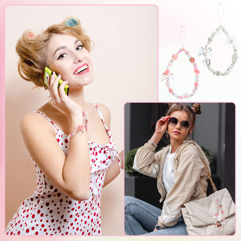 2 Pcs Phone Charms Strap Beaded Phone Strap Pink Cute Phone Charms Aesthetic Love Phone Lanyard Wrist Strap Beaded Phone Keychain Charm for Women Girl Gifts
