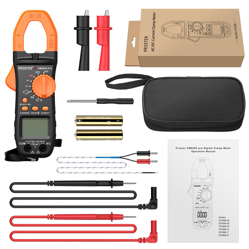 Proster Digital Clamp Meter TRMS 6000counts, 800A DC AC Current AC/DC Voltage NCV Continuity Capacitance Resistance Frequency Diode Hz Test, with1 PairTest Leads 1 Pair Alligator Clips